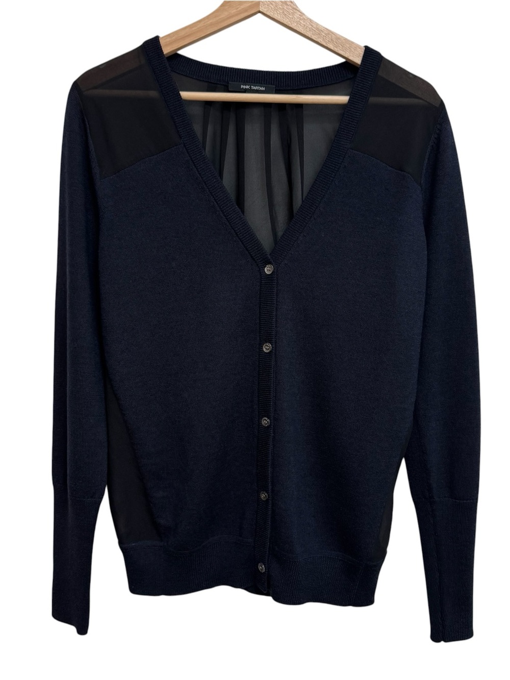 Pink Tartan Silk Merino Wool Mixed Media Cardigan Women’s Small Elevated Basic